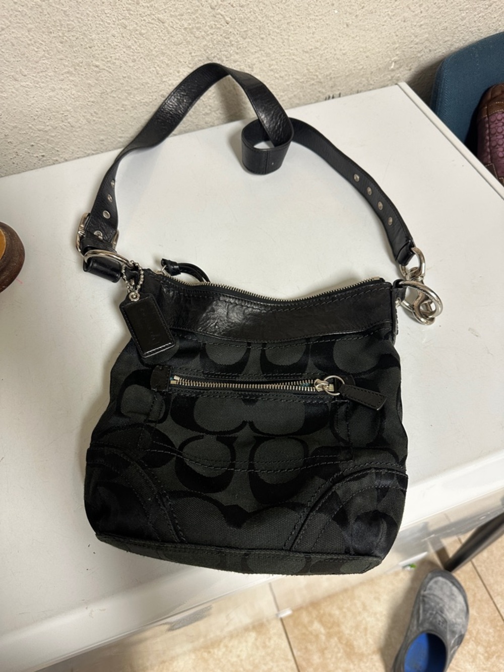 Coach Black Signature Canvas and Leather Shoulder Bag